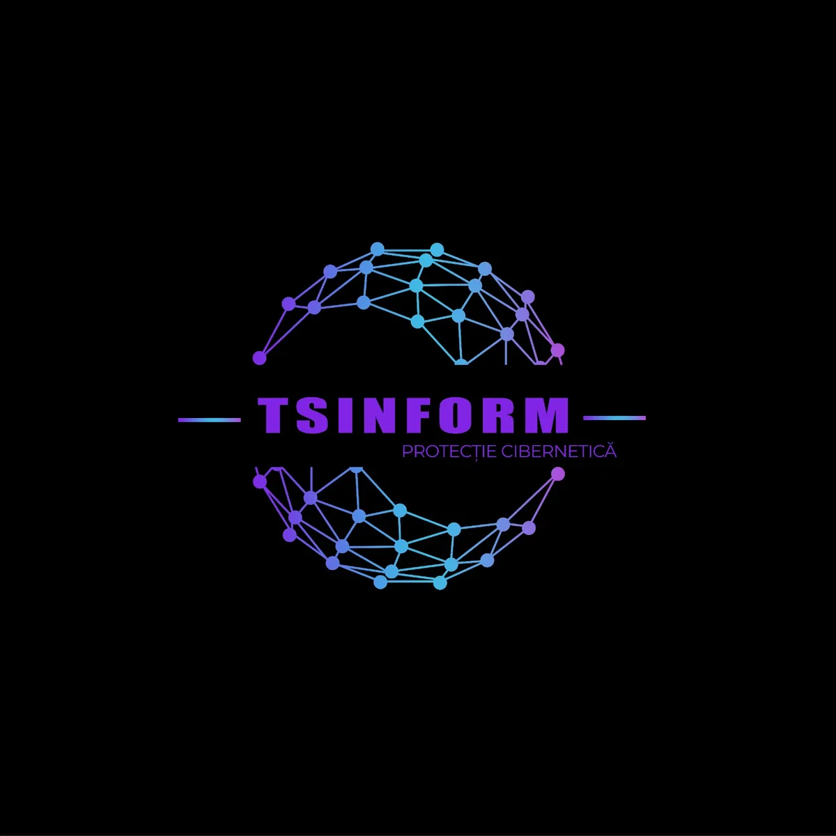 Logo TSInform, Protecție cibernetică: două semisfere din noduri conectate în jurul numelui